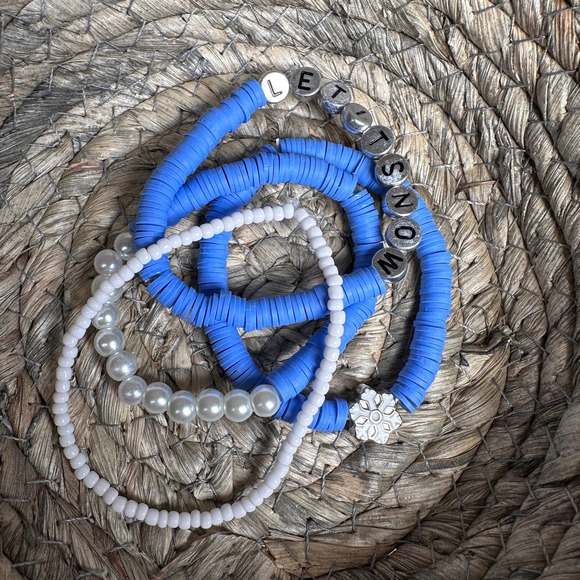 Let it Snow- Snowflake and Pearls Blue Beaded Bracelets- Set of 3 - Picture 3 of 4